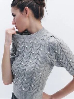 ZARA Gray Pearl Embellished Cable Knit Short Sleeve Sweater Crop Top Size XL